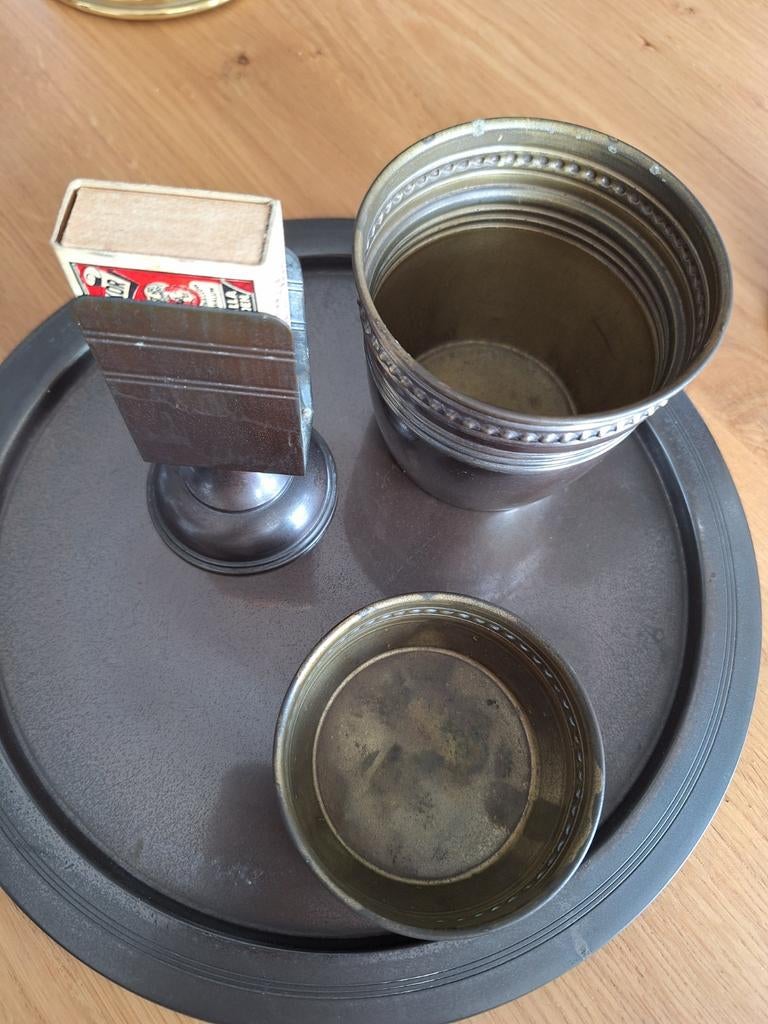 Twee vintage bakjes met deksel en schotel, Antiek en Kunst, Antiek | Tin, Ophalen of Verzenden