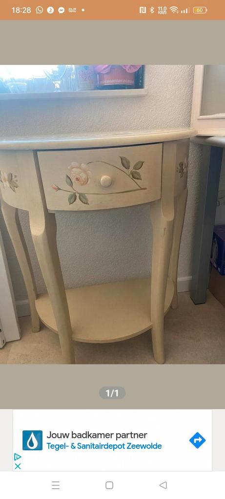 Brocant tafeltje met lade, Huis en Inrichting, Tafels | Sidetables, Gebruikt, 25 tot 50 cm, 50 tot 100 cm, Rond, Ophalen