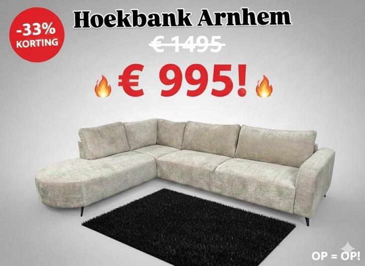 33% KORTING! Hoekbank Arnhem in elke kleur stof NIEUW, Huis en Inrichting, Banken | Complete zithoeken, Nieuw, Ophalen