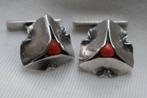 Zilveren Art Déco manchetknopen met bloedkoraal, Verzenden, Zilver, Manchetknopen, Met edelsteen