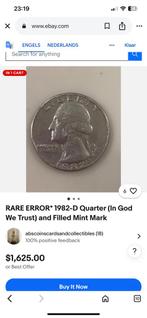 1982 D Quarter Errors Filled In Mint Mark," In God We Trust", Ophalen of Verzenden, Noord-Amerika