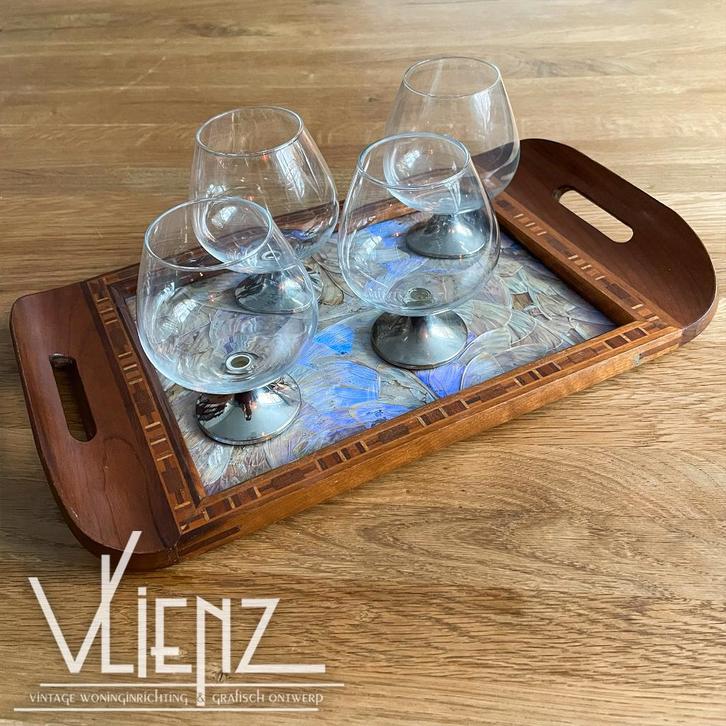Vier vintage, brocante cognacglazen met verzilverde voet, Antiek en Kunst, Antiek | Glas en Kristal, Ophalen of Verzenden