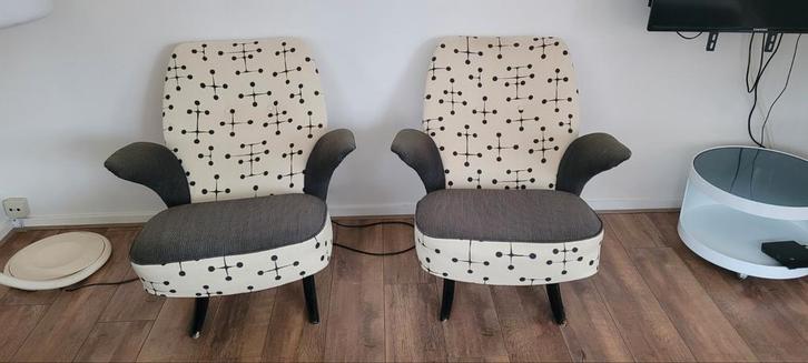 Theo Ruth Pinguïn Stoelen - Jaren 50 Design, Huis en Inrichting, Fauteuils, Gebruikt, Hout, Stof, 50 tot 75 cm, Minder dan 75 cm