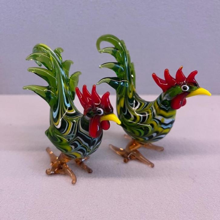 Set van 2 glazen hanen – handgemaakt Murano stijl, Verzamelen, Beelden en Beeldjes, Zo goed als nieuw, Dier, Ophalen of Verzenden