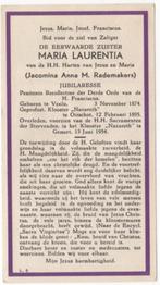 Oirschot/zr. Jacomina Rademakers 1874 Venlo + 1954 Gemert, Verzenden, Bidprentje