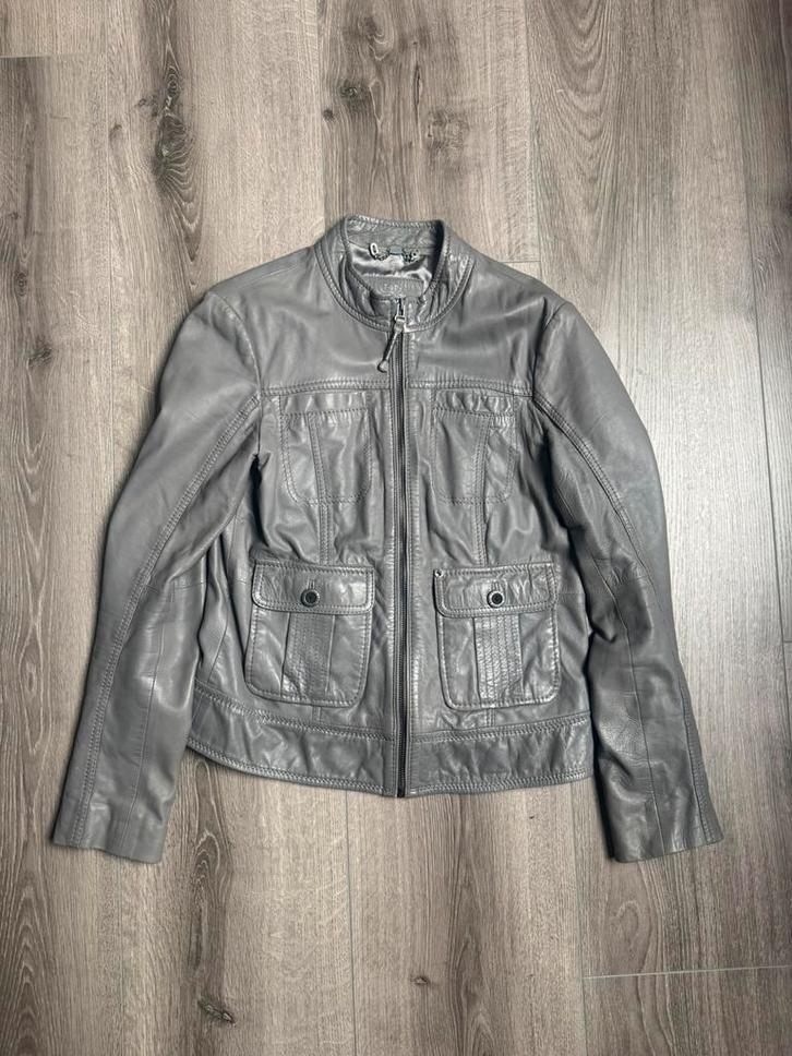 Esprit EDC leren jack – maat S, Kleding | Dames, Jassen | Zomer, Zo goed als nieuw, Maat 36 (S), Grijs, Verzenden