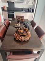 Donkere tafel met 6 echte leren stoelen, Antiek en Kunst, Ophalen
