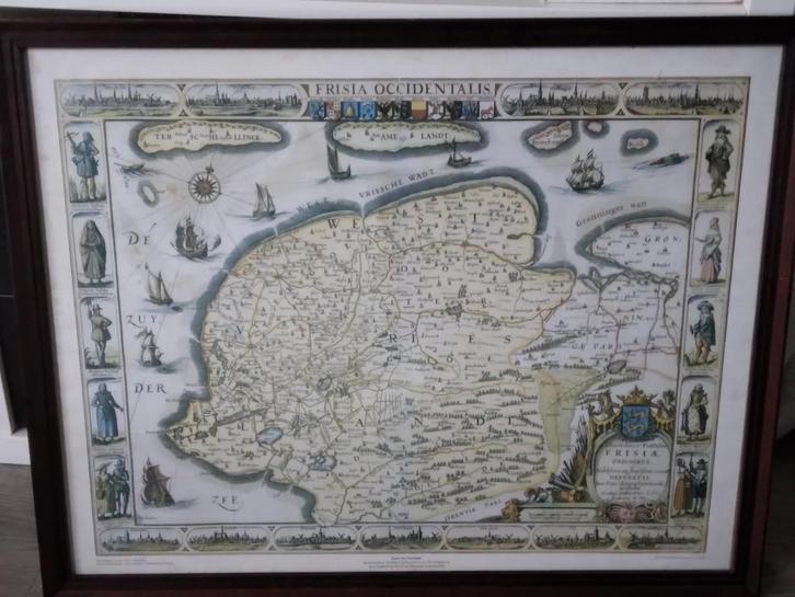 Oude kaart van Friesland - Ingelijst, Antiek en Kunst, Kunst | Etsen en Gravures, Ophalen of Verzenden
