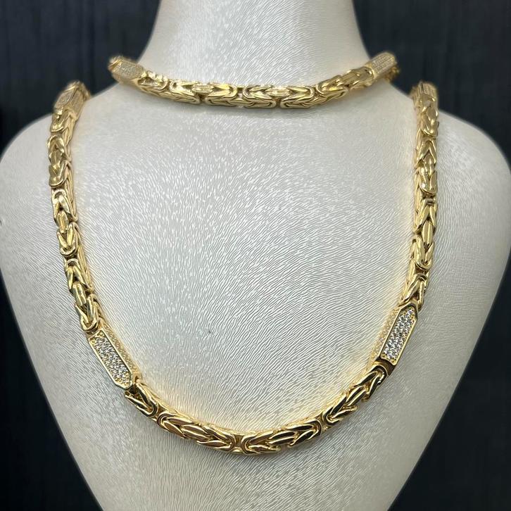 14k gouden koningsketting met armband set steentjes, Sieraden, Tassen en Uiterlijk, Kettingen, Zo goed als nieuw, Goud, Ophalen of Verzenden