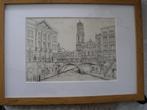 Domtoren Stadhuis Utrecht, druk gesigneerd ingelijst 32x23cm, Minder dan 50 cm, Oorspronkelijke maker, Ophalen of Verzenden, Minder dan 50 cm