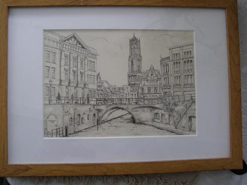 Domtoren Stadhuis Utrecht, druk gesigneerd ingelijst 32x23cm, Huis en Inrichting, Woonaccessoires | Schilderijen, Tekeningen en Foto's