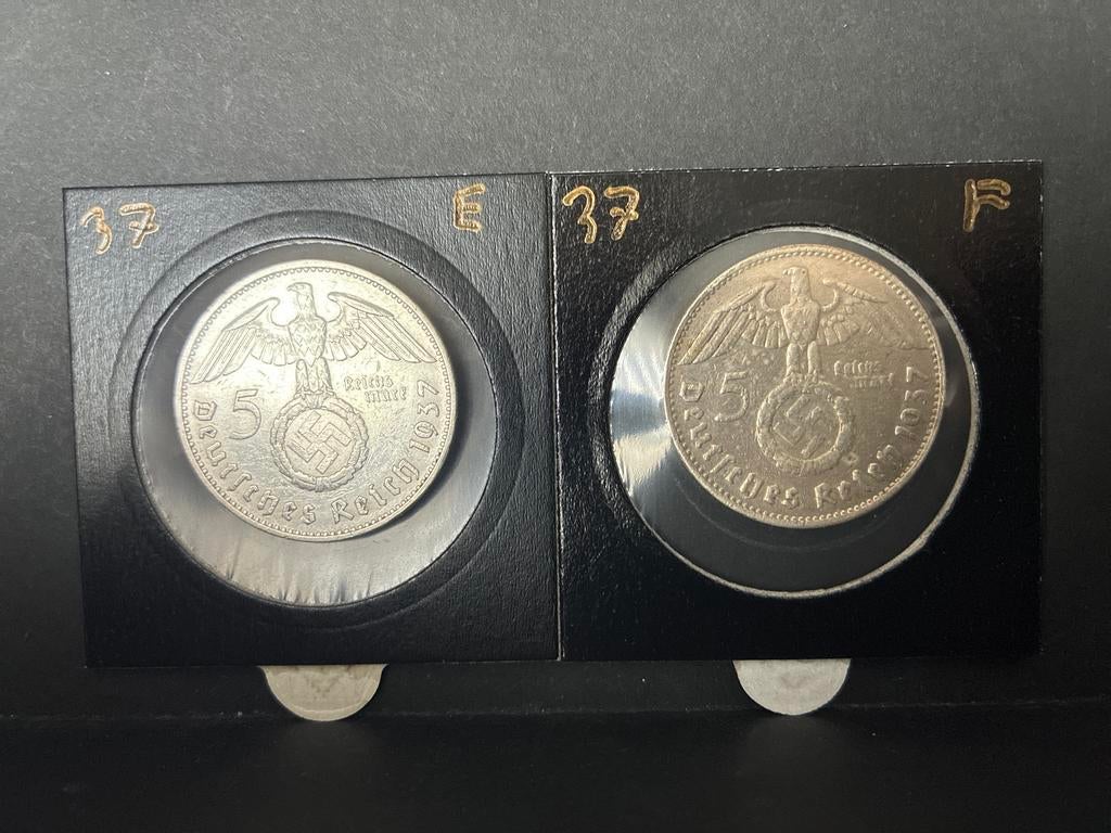 2x 5 Reichsmark 1937 E en 1937 F - Hindenburg, Ophalen of Verzenden, Landmacht, Duitsland