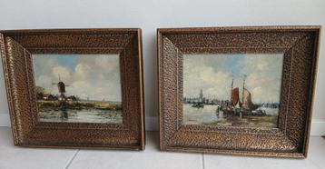 Set 2 olieverf schilderijen gesigneerd bomschuit en molen  beschikbaar voor biedingen