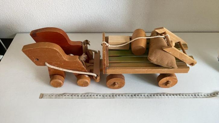 Vintage houten  paardenspan met wagen, zeldzaam, Verzamelen, Speelgoed, Gebruikt, Ophalen of Verzenden