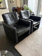 2 Zwarte Lederen Stoelen, Huis en Inrichting, Fauteuils, Ophalen, Gebruikt, Minder dan 75 cm, Leer