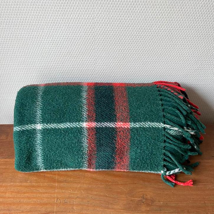 Vintage Geruit Deken Donkergroen en Franjes, Acryl Picknick, Huis en Inrichting, Woonaccessoires | Plaids en Woondekens, Gebruikt