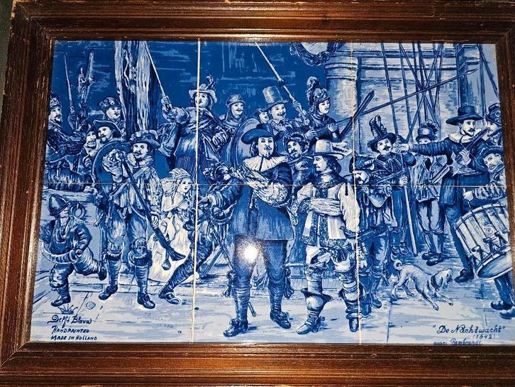 Delfts Blauw Tegel Tableau - De Nachtwacht Ingelijst, Antiek en Kunst, Antiek | Wandborden en Tegels, Ophalen of Verzenden