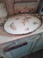 Brocante dienblad porselein met verzilverde rand en bloemen, Ophalen, Zo goed als nieuw, Ovaal