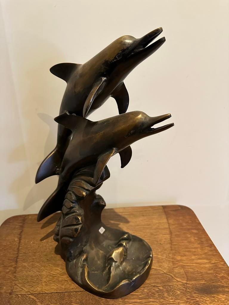 Bronzen beeld van twee dolfijnen, Antiek en Kunst, Ophalen of Verzenden