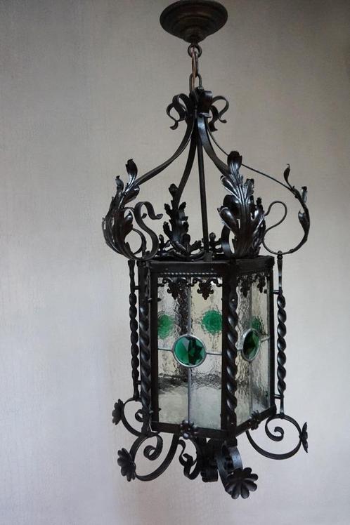 Antieke ijzeren glas-in-lood Lantaarn Hallamp Kasteellamp, Huis en Inrichting, Lampen | Hanglampen, Gebruikt, Minder dan 50 cm