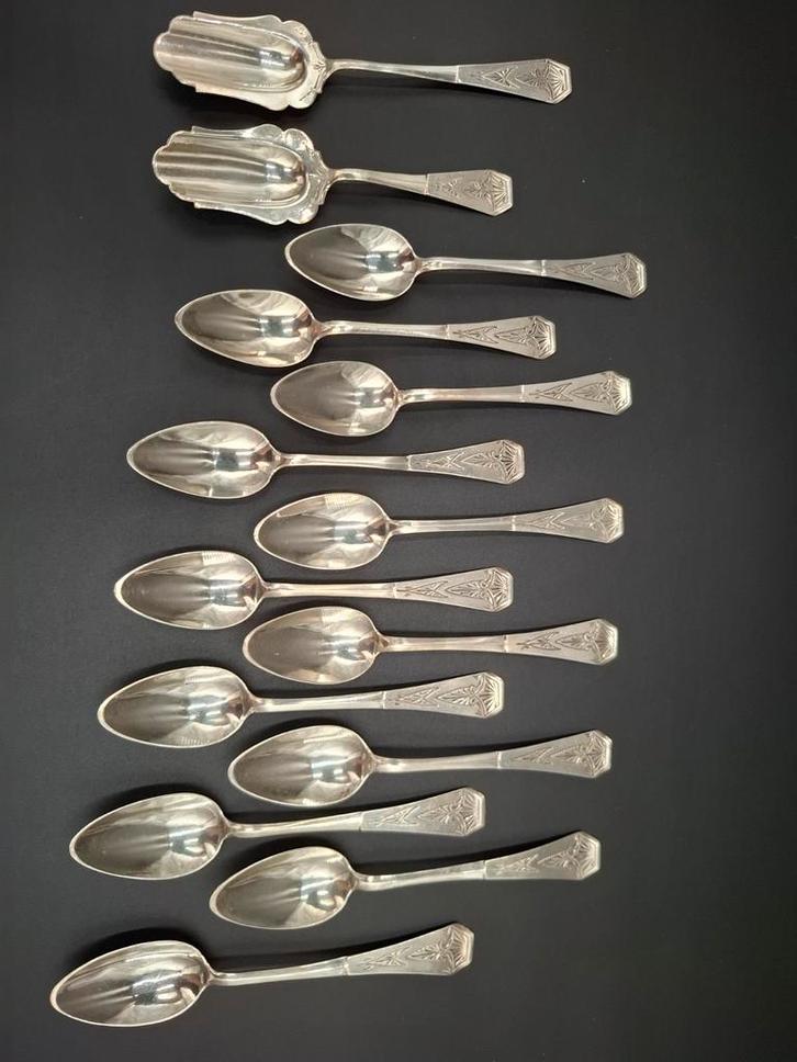 Antiek zilver 12 theelepels en 2 thee/ suiker schepjes, Antiek en Kunst, Antiek | Bestek, Ophalen of Verzenden