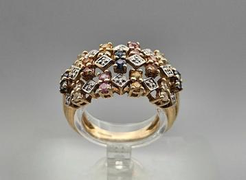 Gouden Vintage ring edelsteen saffier en diamant. 2024/226