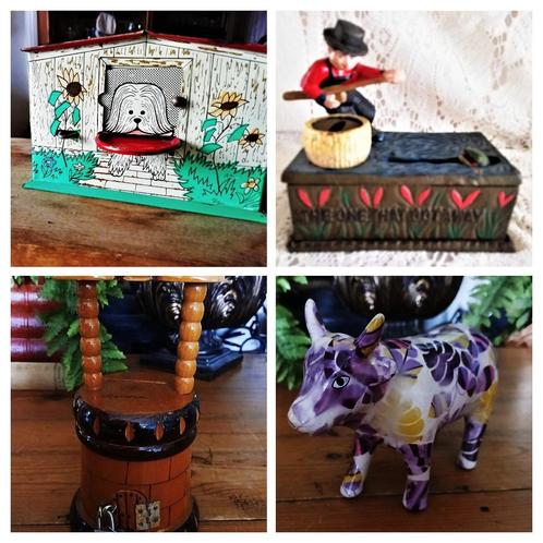 Spaarpot mechanisch - hondenhok blik - hout waterput - koe, Antiek en Kunst, Curiosa en Brocante, Ophalen of Verzenden