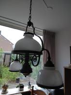 Koperen eettafel lamp met 3 glazen lichtkappen, Huis en Inrichting, Lampen | Hanglampen, Ophalen, Gebruikt, Overige materialen