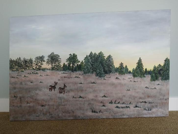 Groot canvas schilderij reeën bij bosrand, Antiek en Kunst, Kunst | Schilderijen | Klassiek, Ophalen