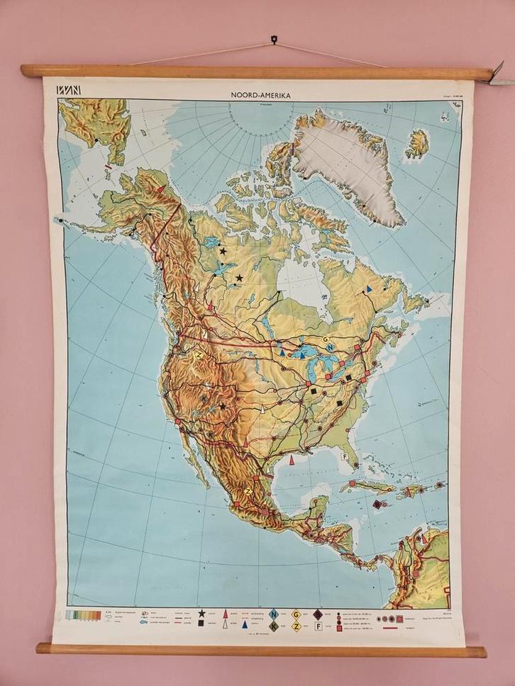 Vintage Schoolkaart Noord-Amerika, Antiek en Kunst, Antiek | Schoolplaten, Aardrijkskunde, Ophalen