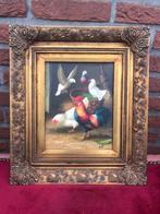 goed schilderij; duiven, kip en haan in een boerenschuur, Minder dan 50 cm, Ophalen of Verzenden, Zo goed als nieuw, Schilderij