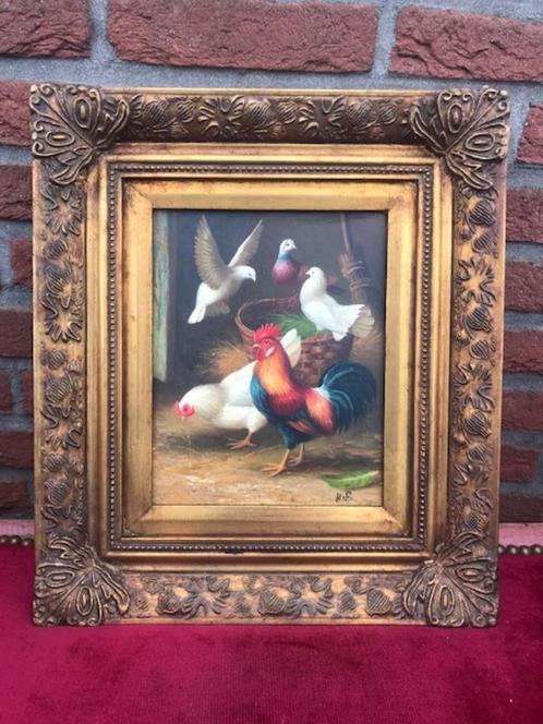 goed schilderij; duiven, kip en haan in een boerenschuur, Huis en Inrichting, Woonaccessoires | Schilderijen, Tekeningen en Foto's