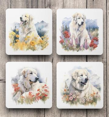 Pyreneese Berghond Aquarel onderzetters met houder beschikbaar voor biedingen