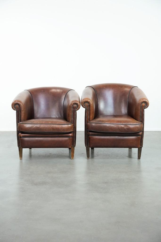 Karaktervolle set van 2 mooie schapenleren clubfauteuils, Huis en Inrichting, Fauteuils, Gebruikt, Leer, 75 tot 100 cm, 75 tot 100 cm