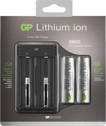 	 GP USB lader premium+2x 18650 oplaadbare batterijen 2600mA beschikbaar voor biedingen