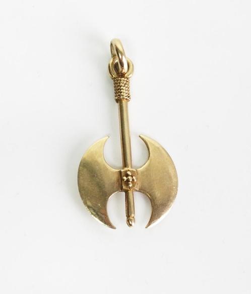 14 krt gouden hanger met dubbelkoppge bijl, Sieraden, Tassen en Uiterlijk, Kettinghangers, Zo goed als nieuw, Goud, Goud, Ophalen of Verzenden