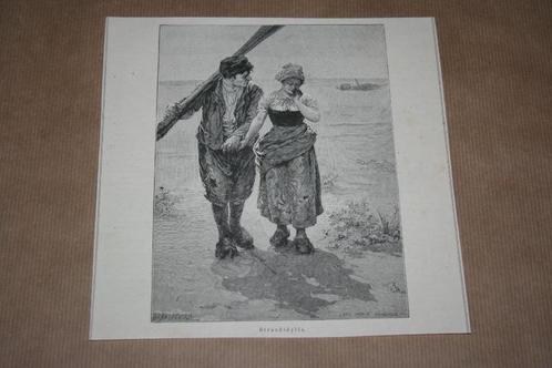 Antieke prent - Verliefd jong stel op het strand - 1885 !!, Verzamelen, Foto's en Prenten, Nieuw, Prent, Voor 1940, Ophalen of Verzenden