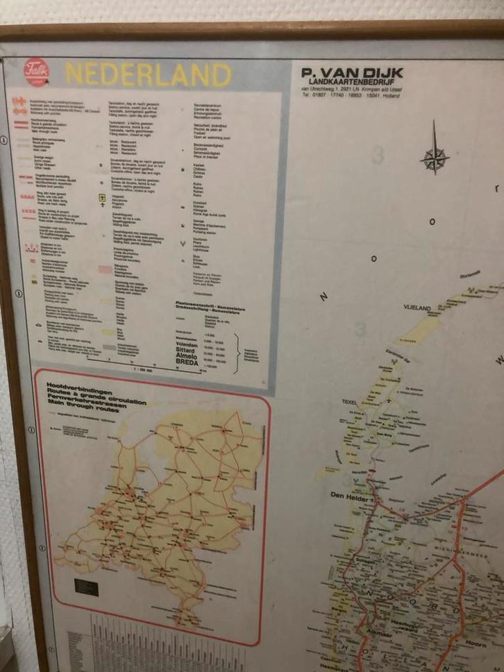Vintage Falk wegenkaart Nederland - Ingelijst, Huis en Inrichting, Woonaccessoires | Kamerschermen, Gebruikt, Ophalen of Verzenden