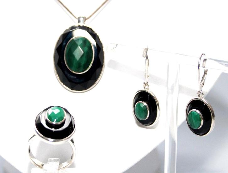 Schitterende Malachiet & Onyx Juwelen Set David Sigal, Sieraden, Tassen en Uiterlijk, Antieke sieraden, Oorbellen, Zilver, Met edelsteen