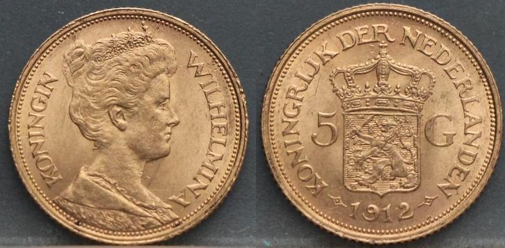 Mooi gouden vijfje 1912 - 5 gulden 1912 - Wilhelmina, Postzegels en Munten, Munten | Nederland, Losse munt, 5 gulden, Koningin Wilhelmina