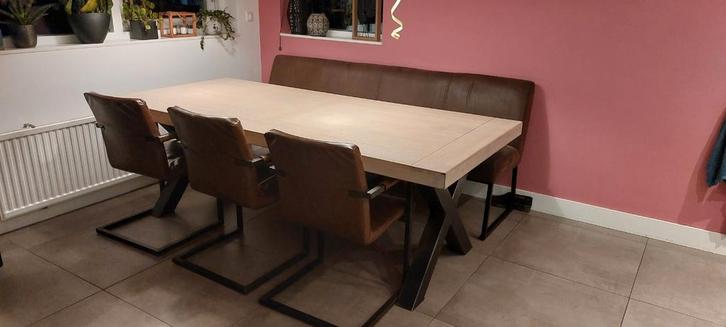 Complete industriële eethoek – hout, staal en warme kleuren!, Huis en Inrichting, Tafels | Eettafels, Zo goed als nieuw, 50 tot 100 cm