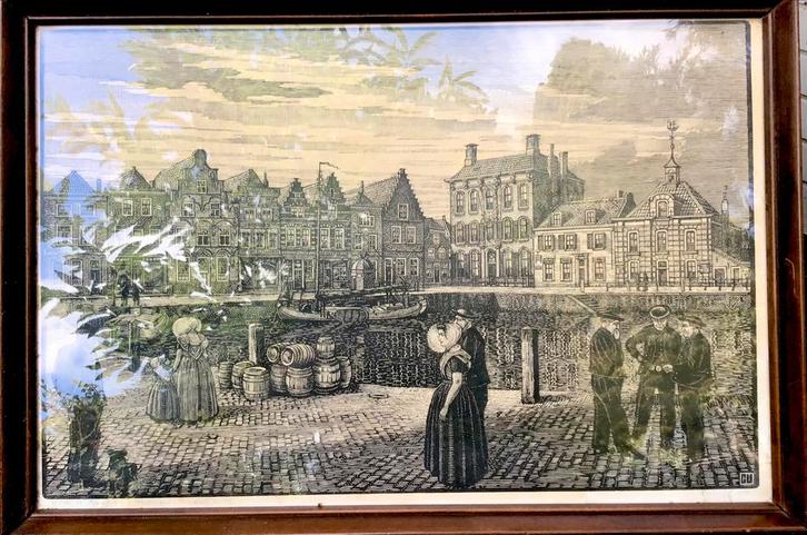 Cor Visser. 1903 - 1982. Houtsnede kade te Goes. Zeeland., Antiek en Kunst, Kunst | Etsen en Gravures, Ophalen of Verzenden