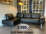 Hoekbank echt leder zwart, Zo goed als nieuw