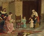 Brocante schilderij gravure genrestuk gezin interieur 1900, Ophalen of Verzenden