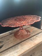 Prachtige oude vintage roze taartschaal van glas op poot, Ophalen of Verzenden