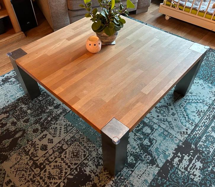 Salontafel massief eiken met RVS poten, Huis en Inrichting, Tafels | Salontafels, Gebruikt, Minder dan 50 cm, 50 tot 100 cm, 50 tot 100 cm