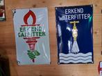 Oude set emaille borden water en erkend gasfitter, Ophalen of Verzenden, Gebruikt, Reclamebord
