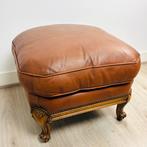 Vintage leren voetenbank Queen Anne‑stijl met cabriole‑poten, Ophalen of Verzenden, Rechthoekig, 50 tot 75 cm
