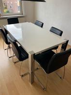 Witte eetkamer tafel hoogglans - chrome- 6 zwarte stoelen, Ophalen, Kunststof, Gebruikt, 100 tot 150 cm