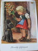 Hartelijk gefeliciteerd - meisje met bloemen en poedel, Verzamelen, Verzenden, 1960 tot 1980, Gelopen, Kinderen